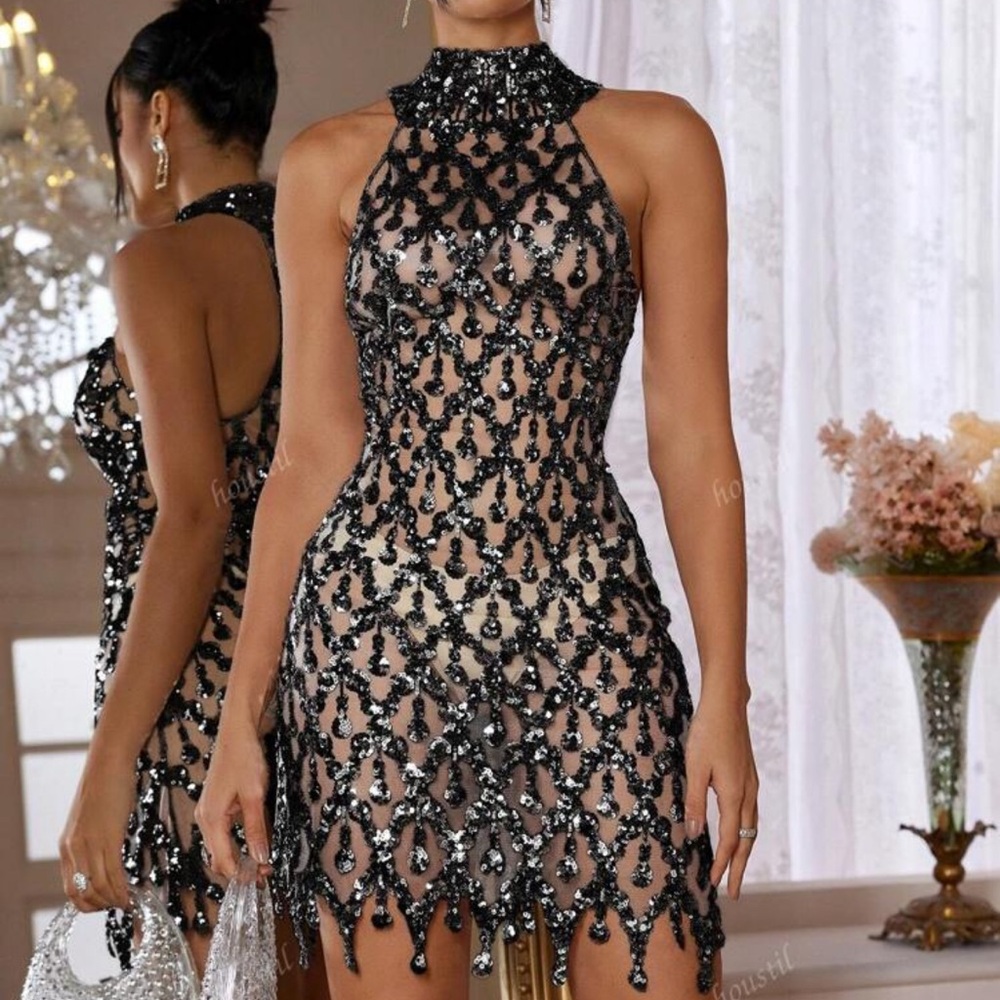 Sequin Mesh Bodycon Halter Neck Evening Dress